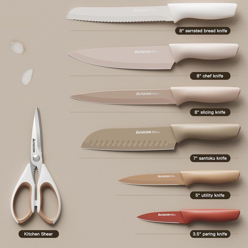 Astercook Knife Set, 13 Pieces Kitchen Knives Set with Healthy Anti-Rust Coating, Dishwasher Safe, Stainless Steel Chef Knife Sets with 6 Blade Guards, Perfect Holiday Gifts for Kitchen - Image 5